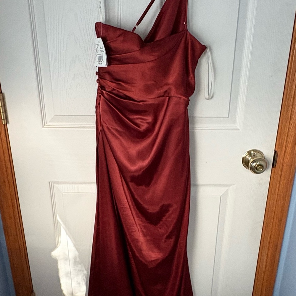 David's Bridal One-Shoulder Satin Dress in cinnamon red.